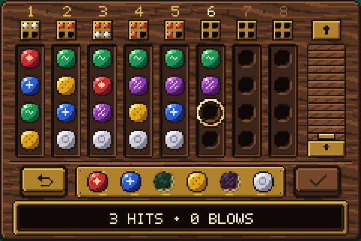 Screenshot: five columns of guesses with pins