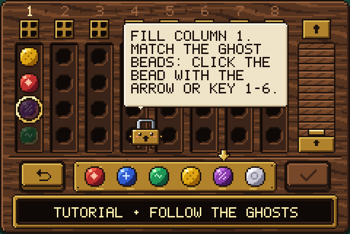Tutorial screenshot: Pip explains how to fill column 1 while ghost beads show where each bead goes