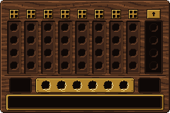 The walnut board: eight columns of four holes, brass key plates, the code drawer, the supply rail and the message plaque